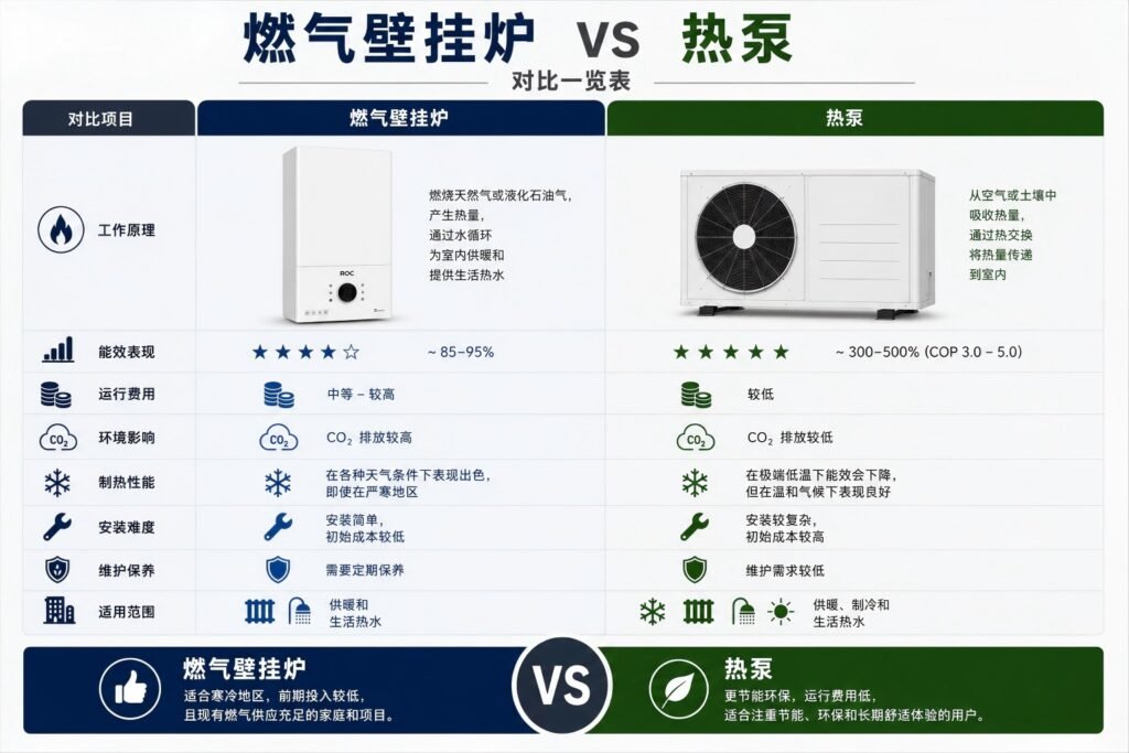 燃气壁挂炉与热泵性能参数对比