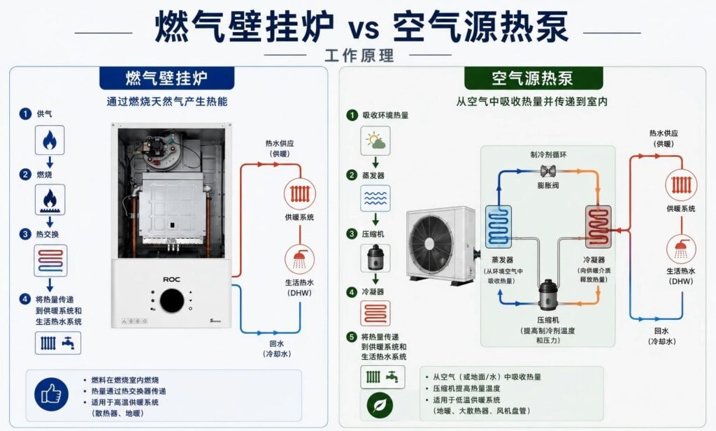 燃气壁挂炉与热泵工作原理对比图