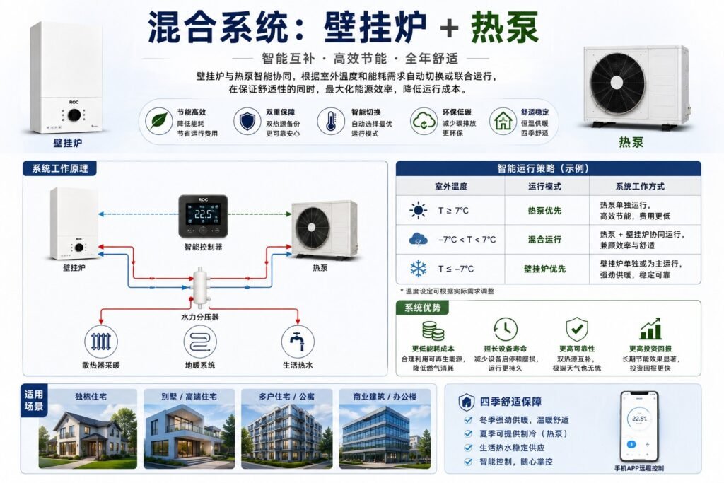 燃气壁挂炉与热泵混合供暖系统原理图